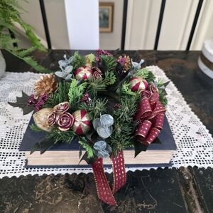 Maroon & Gold Victorian Christmas Candle Ring 7.5" Berry Pinecone Mini Wreath